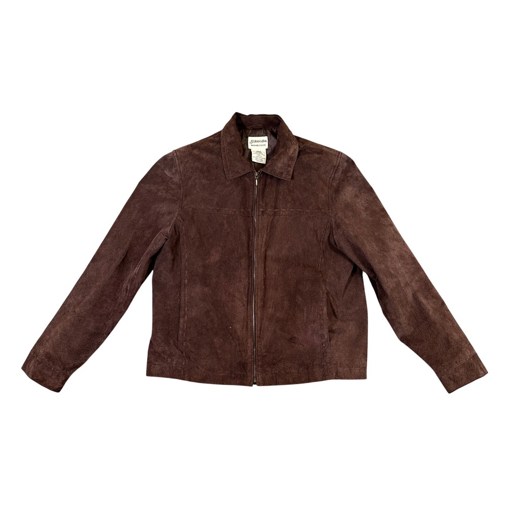 St Johns Bay Brown Washable Suede Leather Jacket Womens Large Full Zip Lined